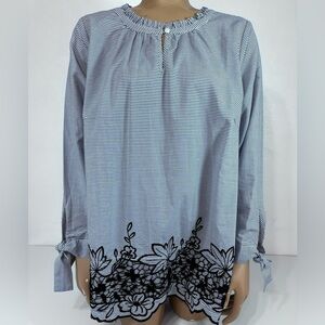 Talbots Plus Petite Size 1Xp Blue & White Striped Embroidered Long Sleeve